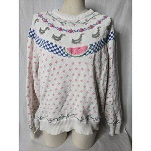 Vintage 80s Eddie Bauer Cute Ducks Watermelon Cotton Knit Pullover Sweater LRG